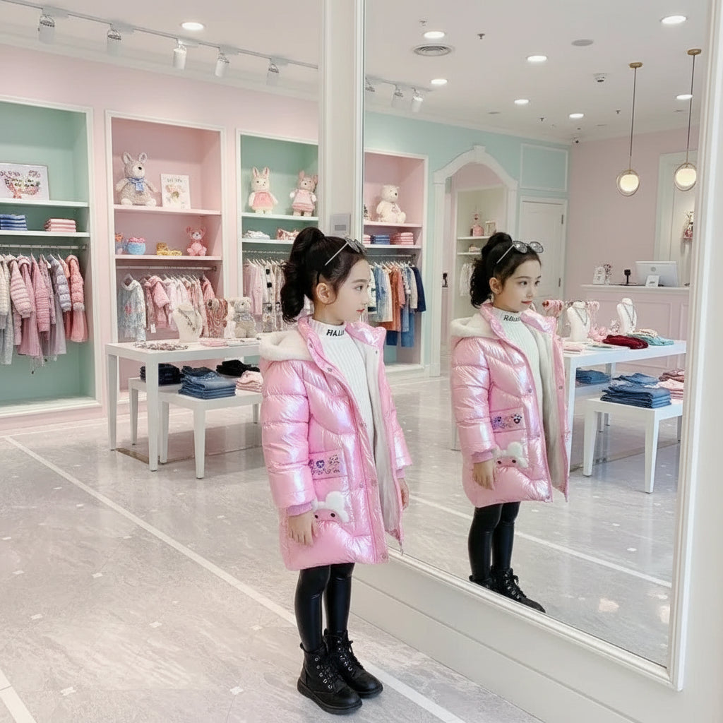 3 4 6 8 10 Years Girls Long Winter Down Jacket Cute Bear Coats For Girls Parkas Fashion Bright Hooded Child Waterproof Outerwear Trikidsworld