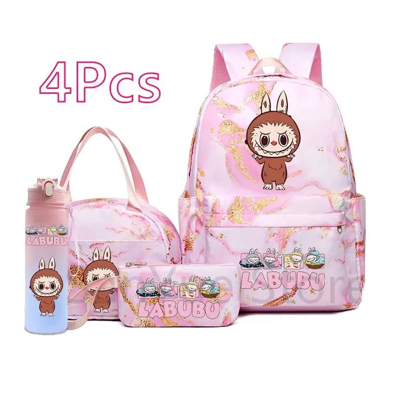 4Pcs/set Cute Cartoon Printed Backpack Lunch Bag Pencil Bag 750Ml Water Bottle Girl Student Large Capacity Waterproof Schoolbag Trikidsworld