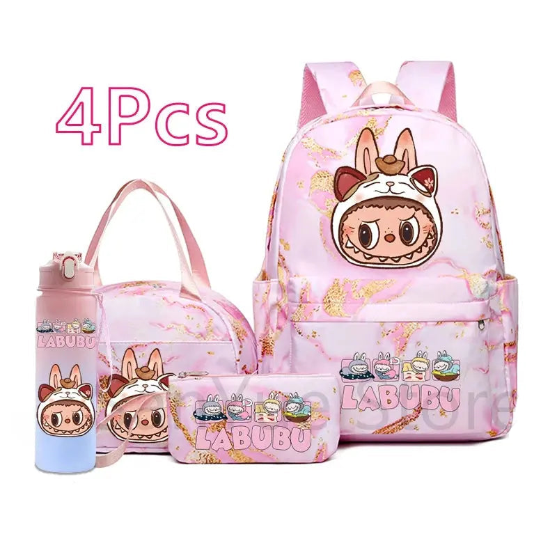 4Pcs/set Cute Cartoon Printed Backpack Lunch Bag Pencil Bag 750Ml Water Bottle Girl Student Large Capacity Waterproof Schoolbag Trikidsworld