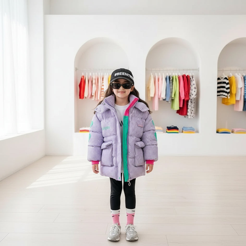 2025 Winter Keep Warm Princess Girls Jacket Grid Design Padded Lining With Velvet Hooded Heavy Coat For Kids Sent Bear Doll Trikidsworld