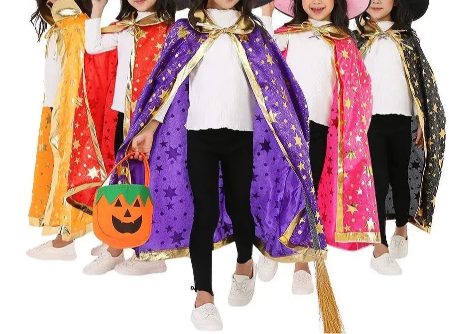 Children Halloween Cloak with Witch Hat Teens Christmas Costume Kids Star Party Robe Boy Girl Birthday Lace Up Photography Props Trikidsworld