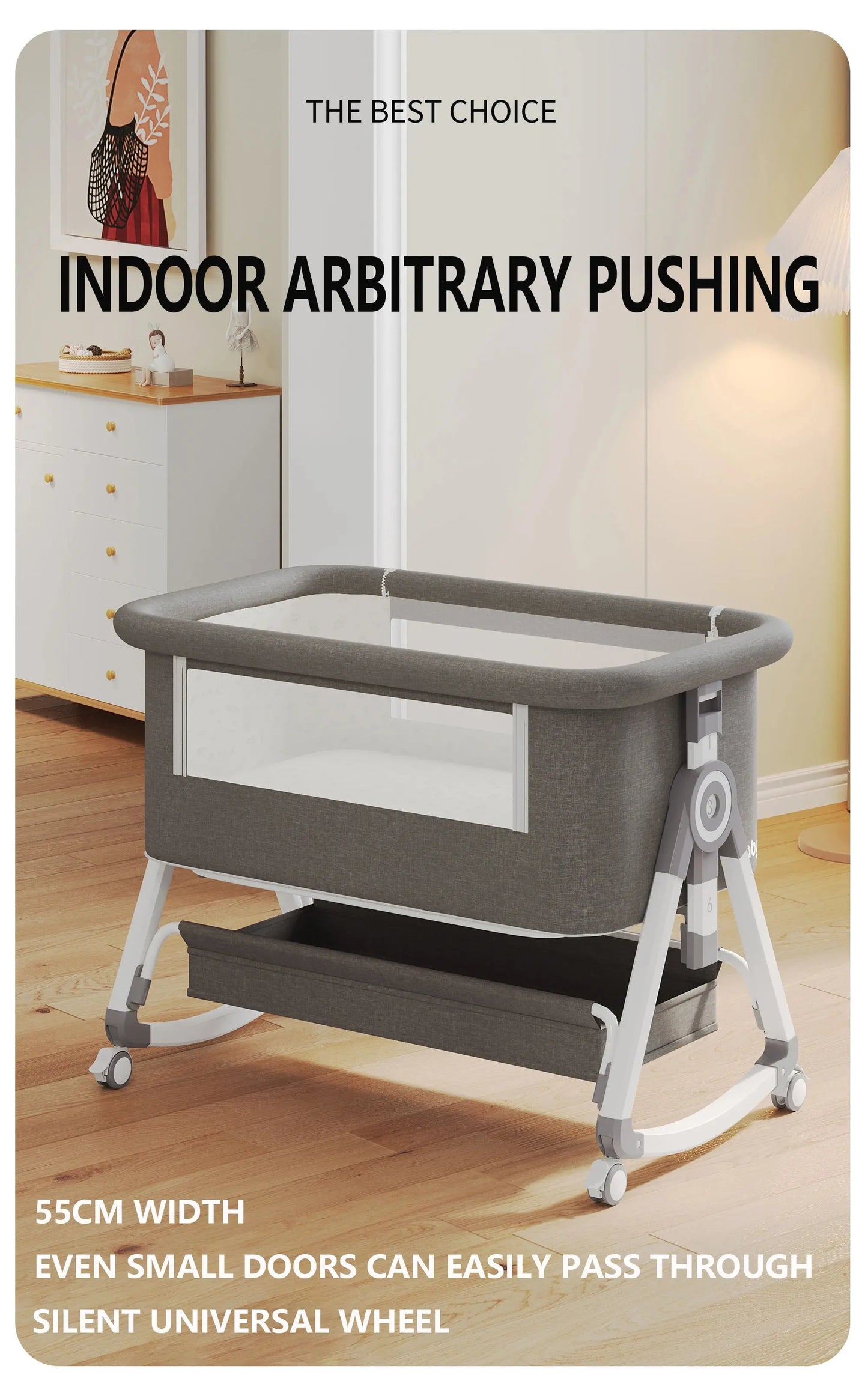 Portable Foldable Baby Crib 3-in-1 Adjustable Height with Rotatable Wheels Shaker Bassinet Mosquito Net Newborn Baby Bed Trikidsworld