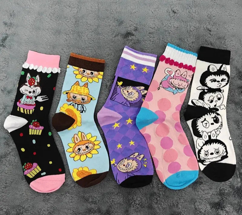 4/5 Pairs Labubu Mid Length Socks for Children Versatile Couples Trendy College Style Anime and Cartoon Department Cloth Long So Trikidsworld