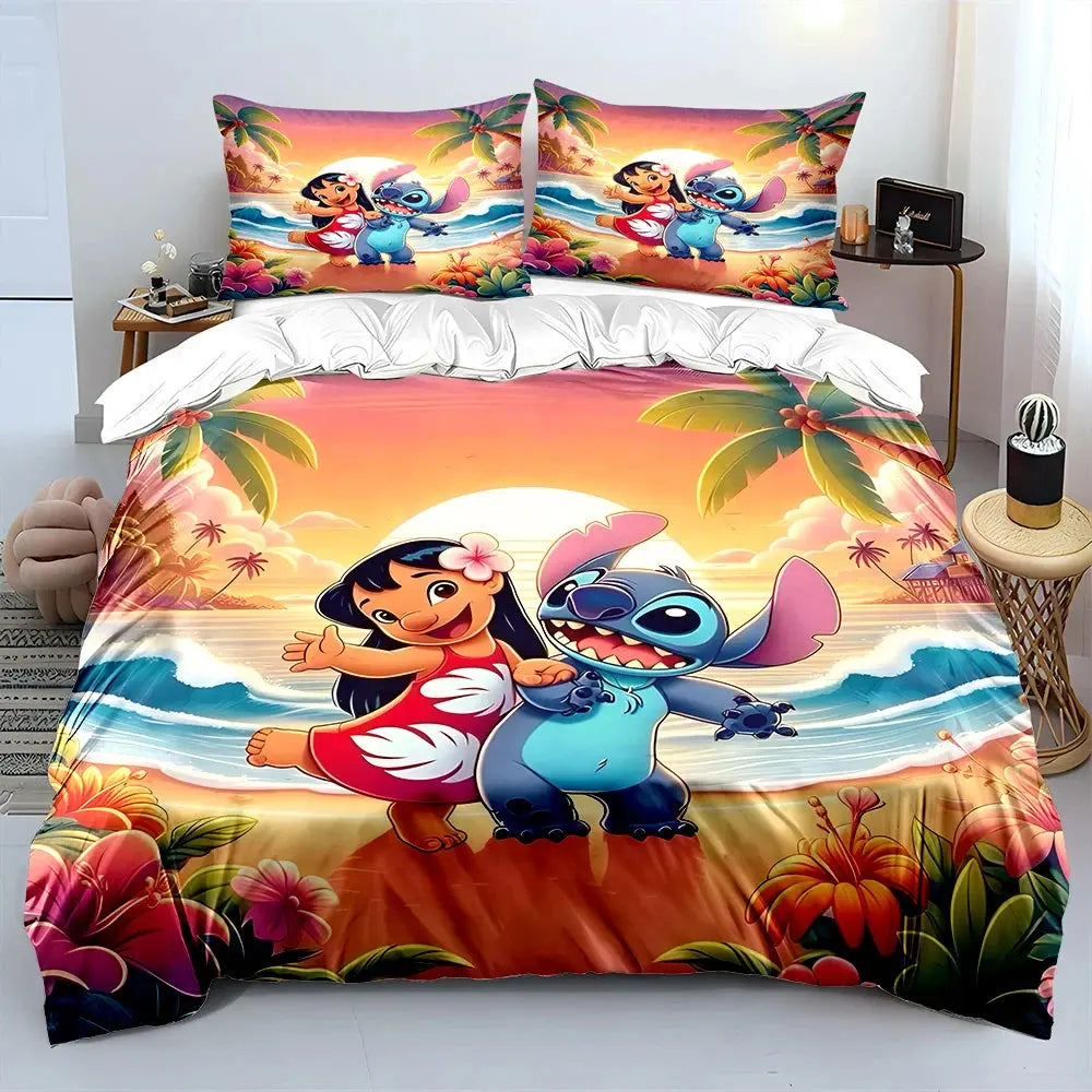 MINISO Disney Stitch Print Bedding Set Children 3 Pieces King Size Bed Set Pillowcase Adult Child Bed Cover Bedroom for Gifts Trikidsworld