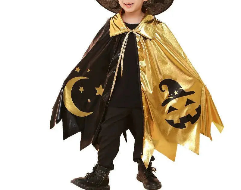 Kids Halloween Unisex Witch Cosplay Cloak + Witch Hat 2 Piece Costume Carnival Party Fancy Gold Black Color Blocking Dress Cape Trikidsworld