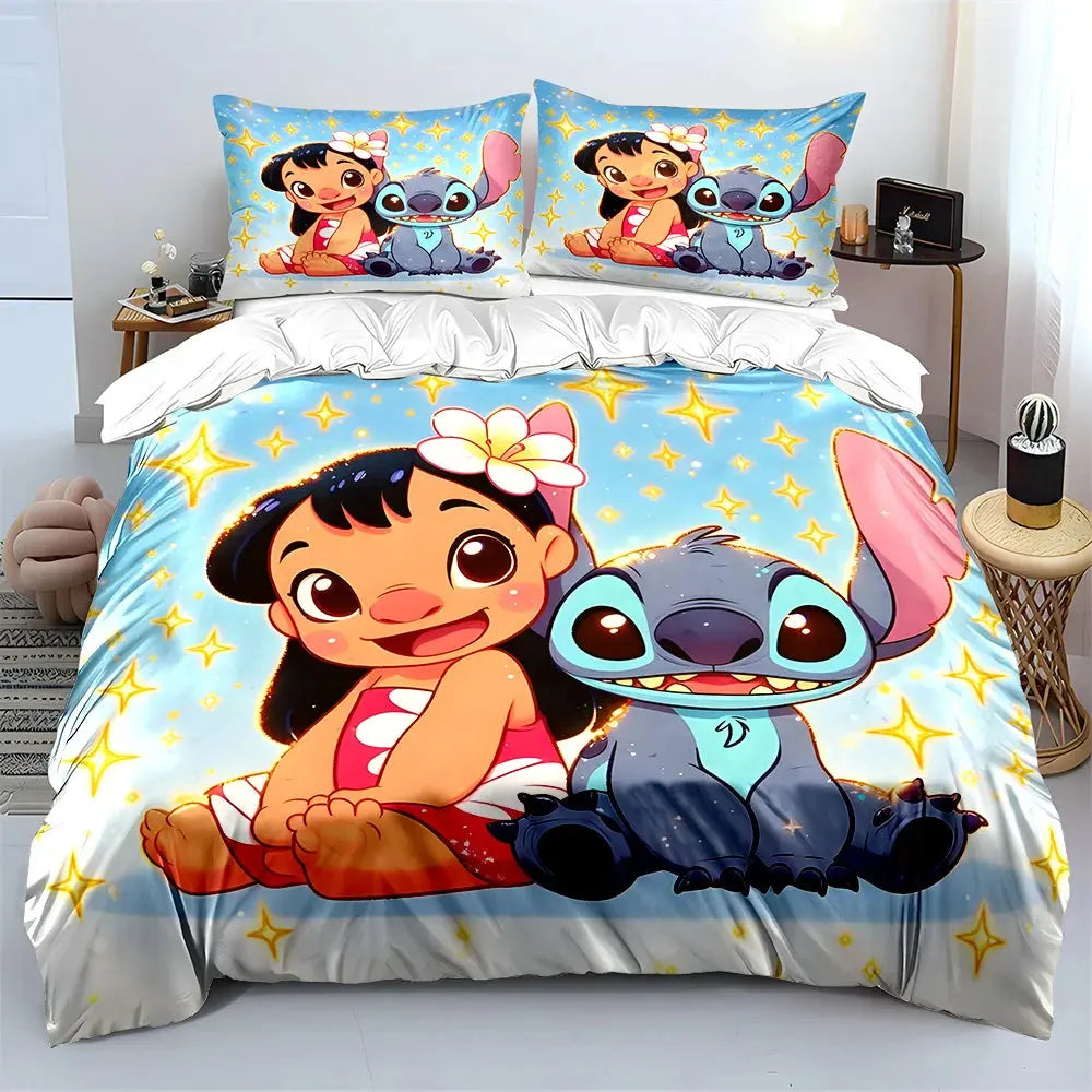MINISO Disney Stitch Print Bedding Set Children 3 Pieces King Size Bed Set Pillowcase Adult Child Bed Cover Bedroom for Gifts Trikidsworld