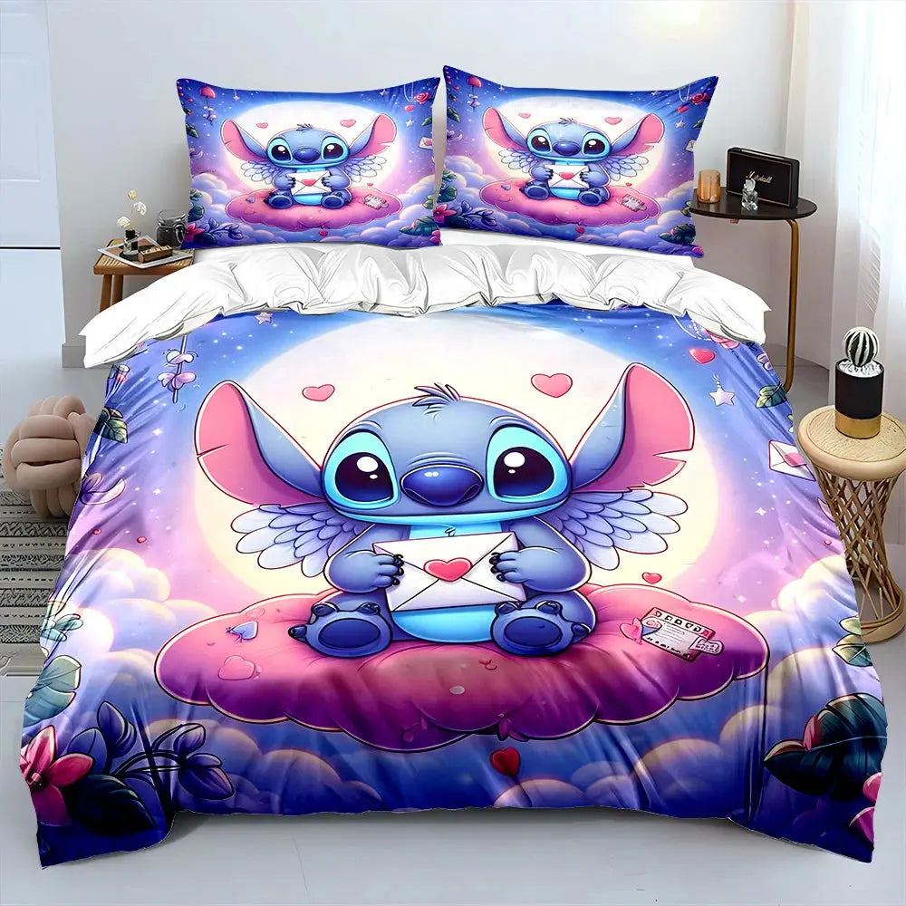 MINISO Disney Stitch Print Bedding Set Children 3 Pieces King Size Bed Set Pillowcase Adult Child Bed Cover Bedroom for Gifts Trikidsworld