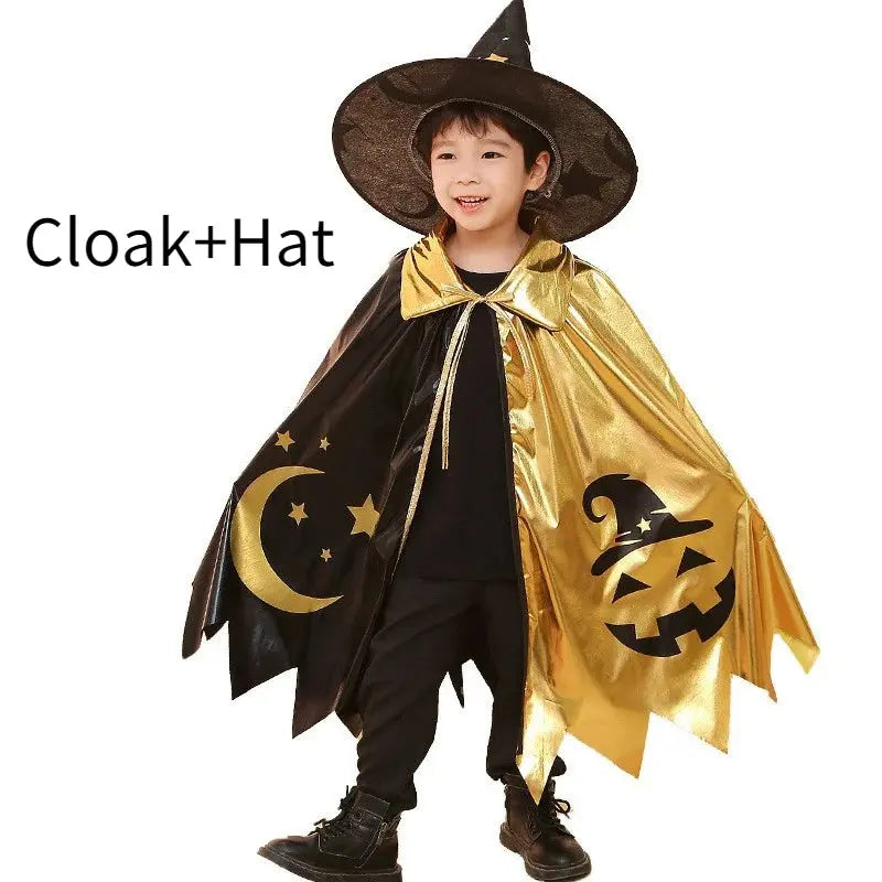 Kids Halloween Unisex Witch Cosplay Cloak + Witch Hat 2 Piece Costume Carnival Party Fancy Gold Black Color Blocking Dress Cape Trikidsworld