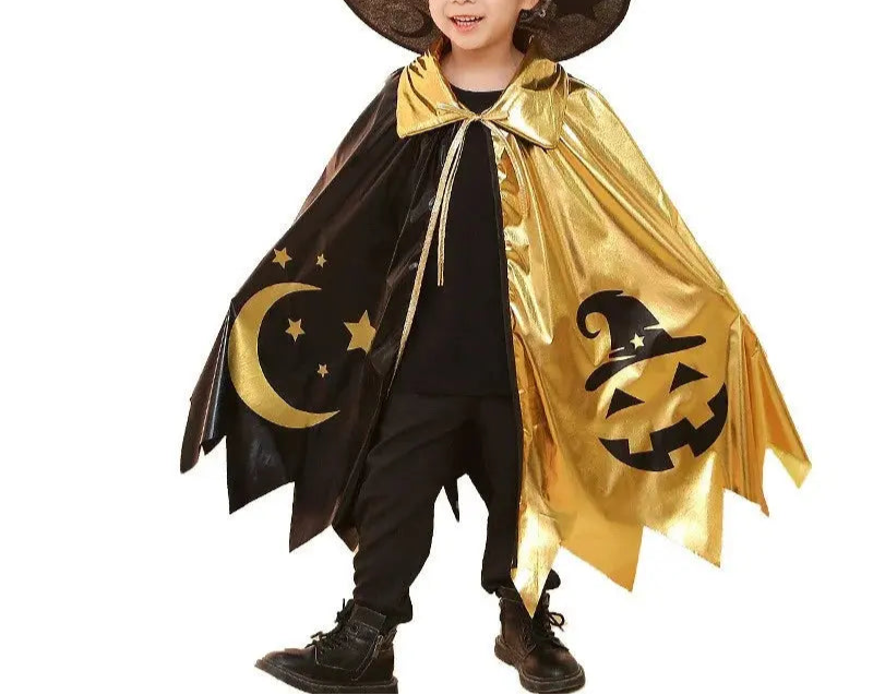 Kids Halloween Unisex Witch Cosplay Cloak + Witch Hat 2 Piece Costume Carnival Party Fancy Gold Black Color Blocking Dress Cape Trikidsworld