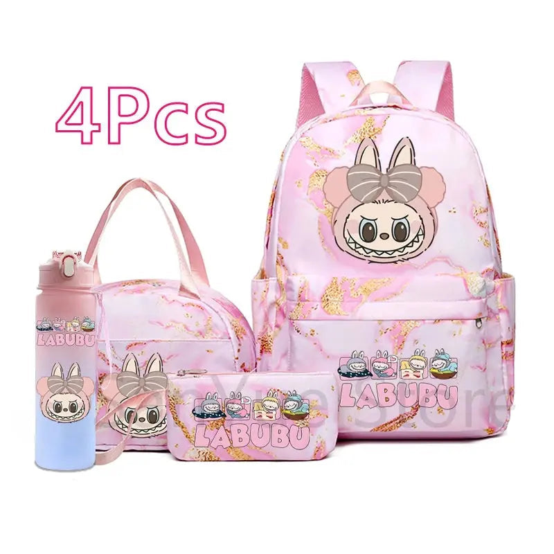 4Pcs/set Cute Cartoon Printed Backpack Lunch Bag Pencil Bag 750Ml Water Bottle Girl Student Large Capacity Waterproof Schoolbag Trikidsworld