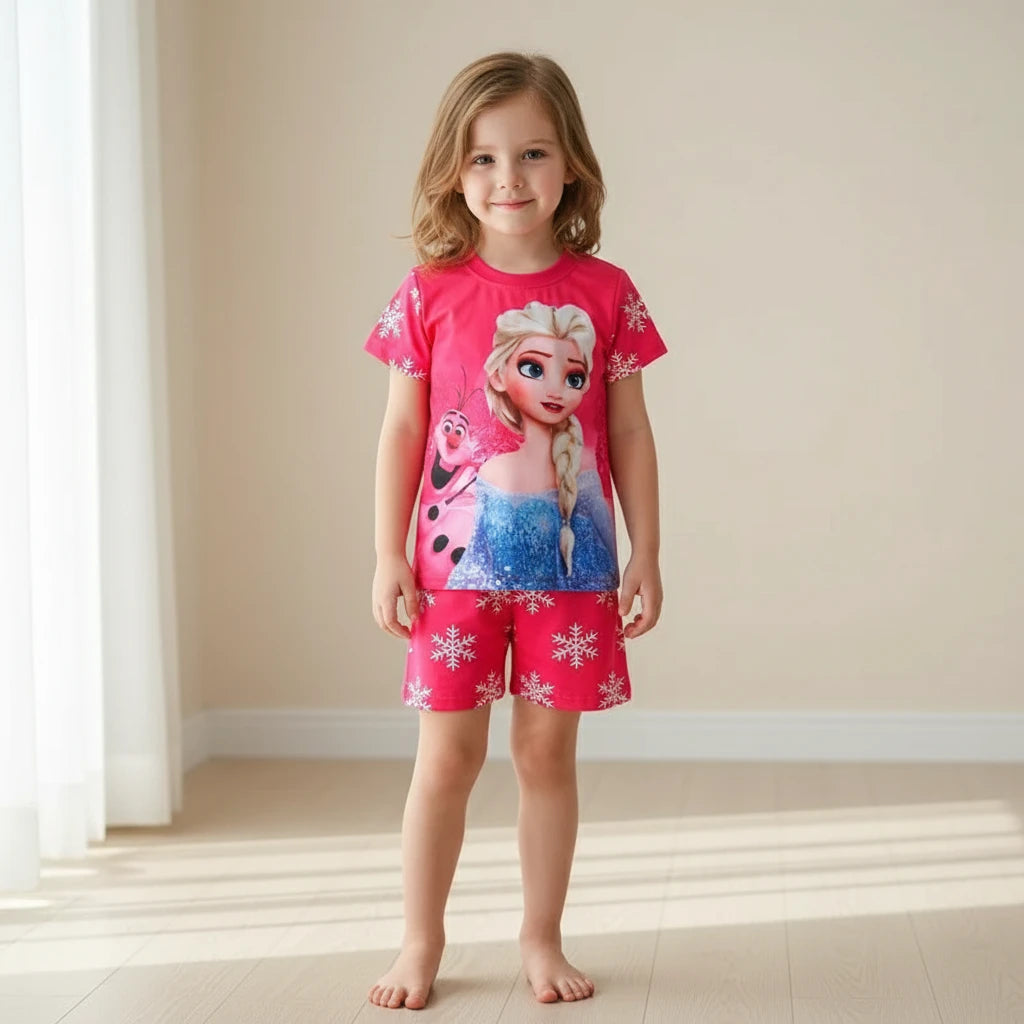 Casual Frozen Snow Queen Children's Summer Short Sleeve Pajamas Cartoon Suit Girls Cotton Kids Pajamas Dress Costumes Trikidsworld