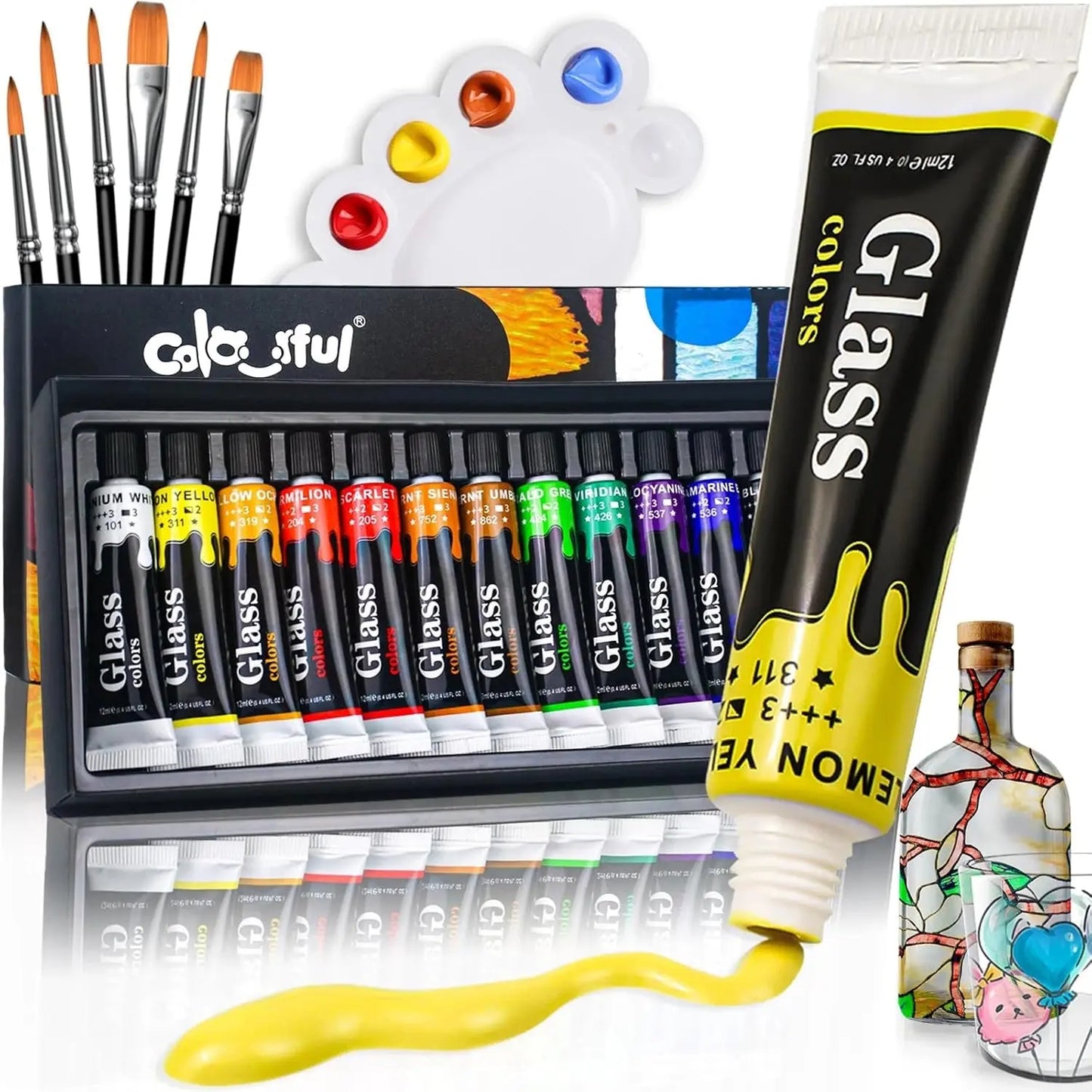 Acrylic Glass Paint Set with 6 Brushes, 1 Palette, 12/24 Colors 12ml,Stain Glass Paints for Wine Glass, Waterproof Acrylic Paint Trikidsworld