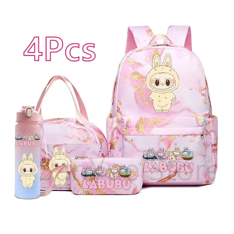 4Pcs/set Cute Cartoon Printed Backpack Lunch Bag Pencil Bag 750Ml Water Bottle Girl Student Large Capacity Waterproof Schoolbag Trikidsworld