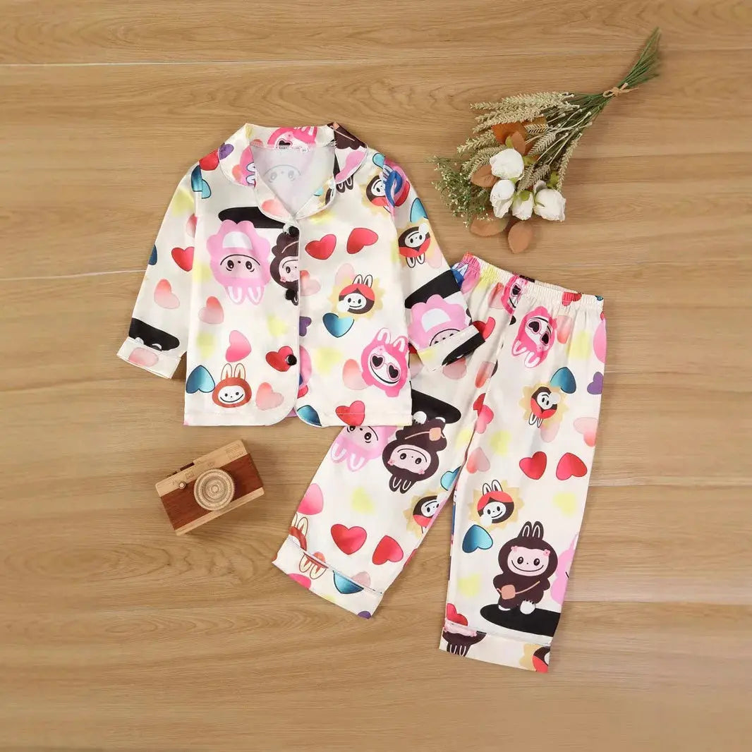Summer New Korean Style Children's Cute Cartoon Print Home Clothes Short Sleeve Ice Silk Casual Sleepwear Set for Boys And Girls Trikidsworld