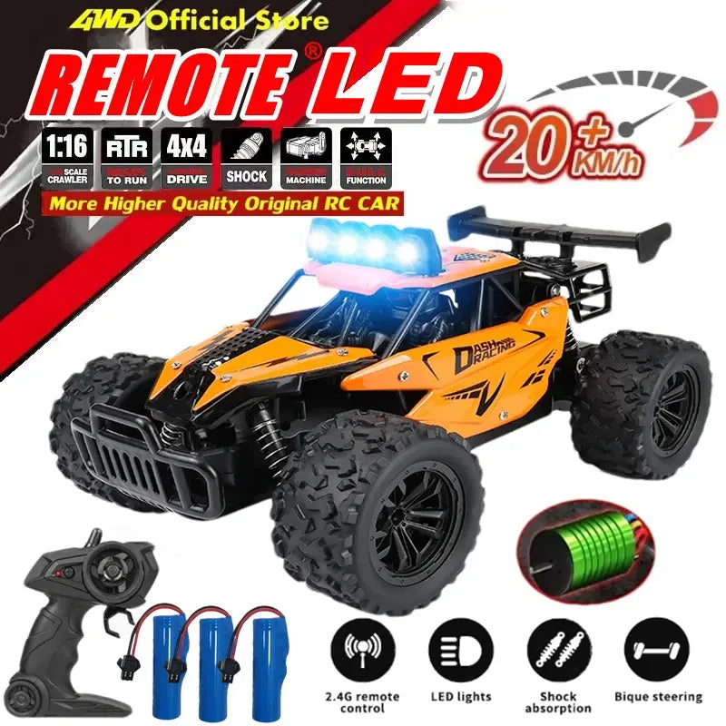 Remote Control Car RC Drift Racing 1:16 Vehicle Off Road Alloy 2.4G Radio High-Speed Trucks With LED Light Climbing Gift Kid Toy Trikidsworld