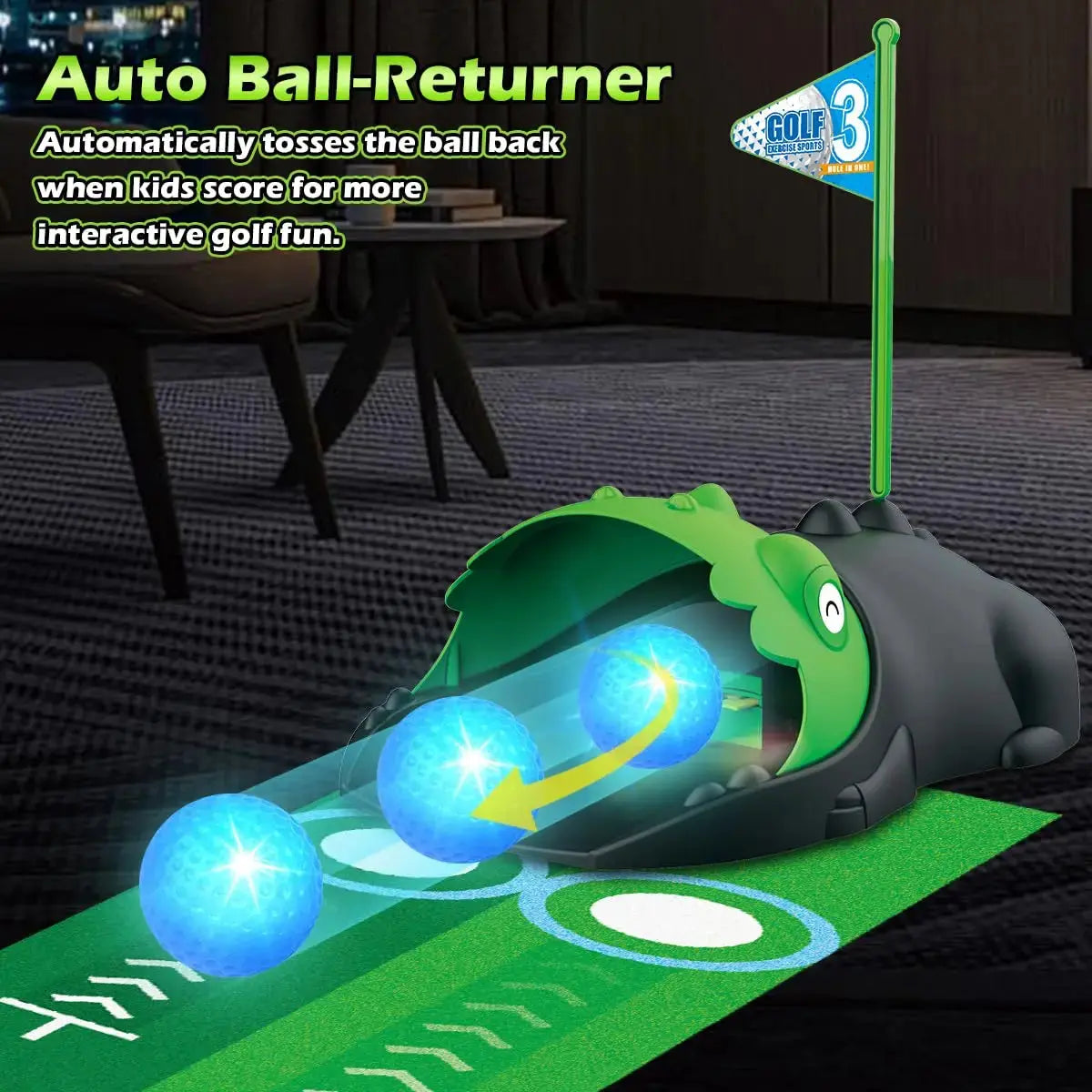 Kids Toy Golf Club Set with LED Automatic Ball Returner, Golf Putting Mat Toddler Mini Golf Game Sports Gift for 3+ Boys Girls Trikidsworld