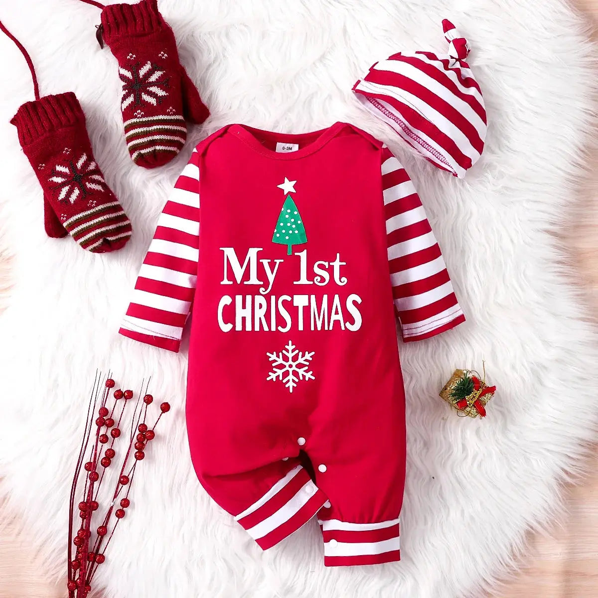 0-18 Months Spring Autumn Baby Boys And Girls Christmas Day Style Monogram Print Panels Striped Long Sleeve Climbing Suit Trikidsworld