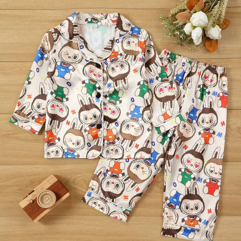 Summer New Korean Style Children's Cute Cartoon Print Home Clothes Short Sleeve Ice Silk Casual Sleepwear Set for Boys And Girls Trikidsworld
