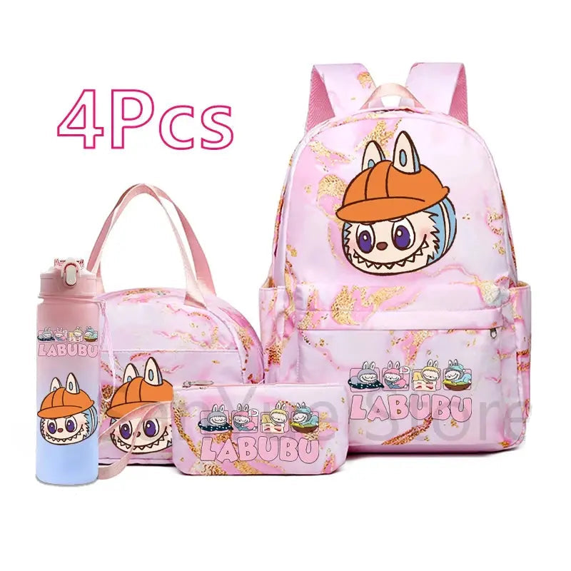 4Pcs/set Cute Cartoon Printed Backpack Lunch Bag Pencil Bag 750Ml Water Bottle Girl Student Large Capacity Waterproof Schoolbag Trikidsworld