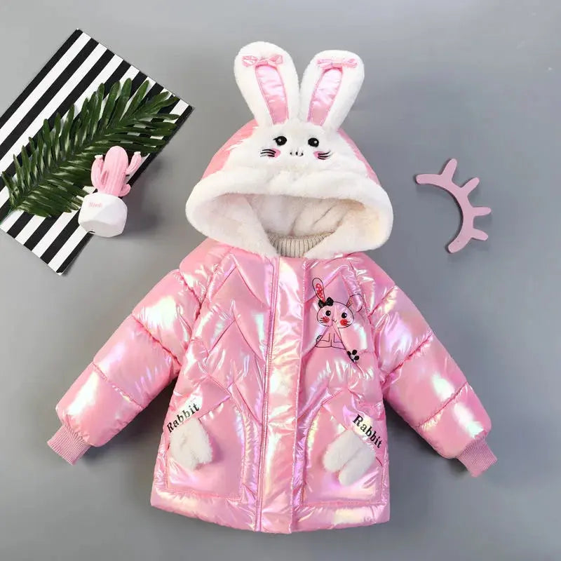 2025 Winter Jacket For Girls Coat Cute Rabbit Ears Waterproof Shiny Hooded Children Outerwear 1-6 Year Baby Kids Parkas Snowsuit Trikidsworld