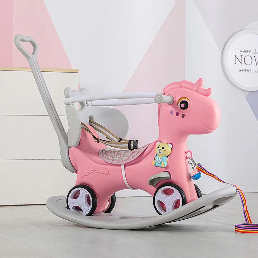 Rocking Horse for Toddlers, Balance Bike Ride On Toys with Push Handle, Backrest and Balance Board for Baby Girl and Boy Trikidsworld
