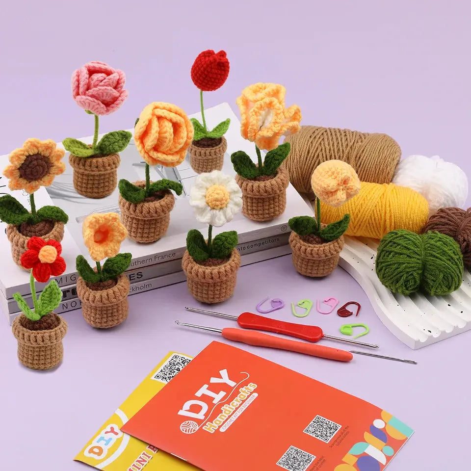 KRABALL 6pcs Crochet Flower Kit – Beginner Set with Yarn, Needles, and Video Tutorial Trikidsworld