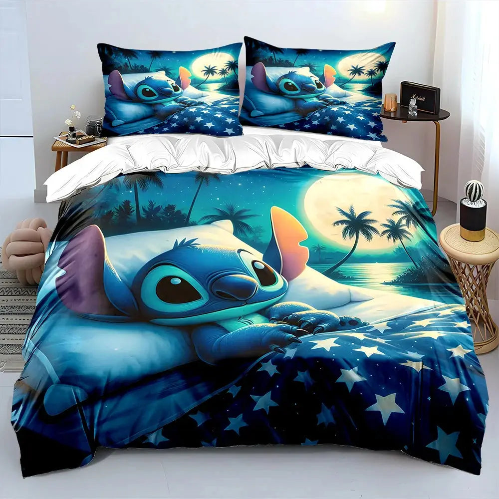 MINISO Disney Stitch Print Bedding Set Children 3 Pieces King Size Bed Set Pillowcase Adult Child Bed Cover Bedroom for Gifts Trikidsworld