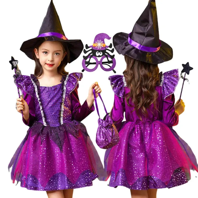 Girls Witch Halloween Cosplay Costume With Hat Magic Wand Candy Bag Kids Children Dress Girl Carnival Party Performance Clothes Trikidsworld