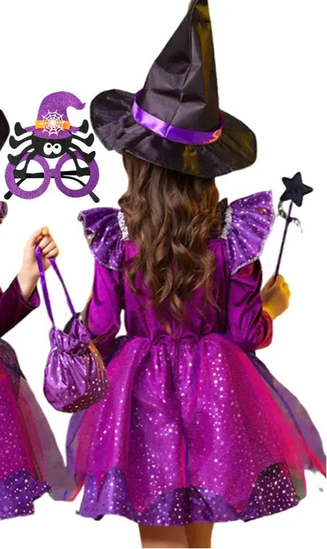 Girls Witch Halloween Cosplay Costume With Hat Magic Wand Candy Bag Kids Children Dress Girl Carnival Party Performance Clothes Trikidsworld
