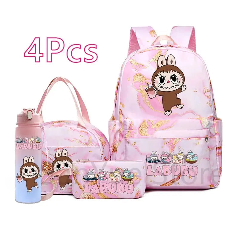 4Pcs/set Cute Cartoon Printed Backpack Lunch Bag Pencil Bag 750Ml Water Bottle Girl Student Large Capacity Waterproof Schoolbag Trikidsworld