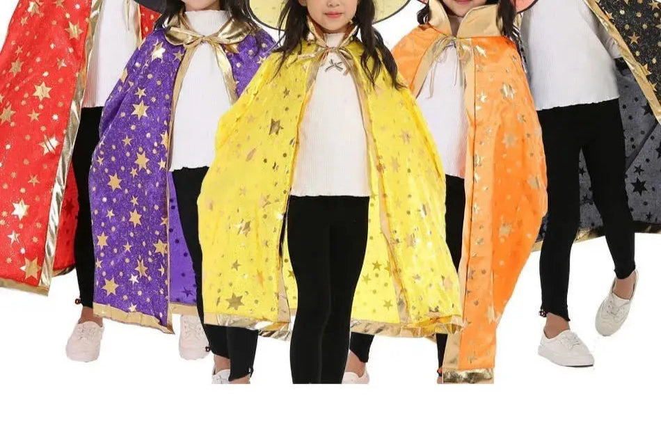 Children Halloween Cloak with Witch Hat Teens Christmas Costume Kids Star Party Robe Boy Girl Birthday Lace Up Photography Props Trikidsworld