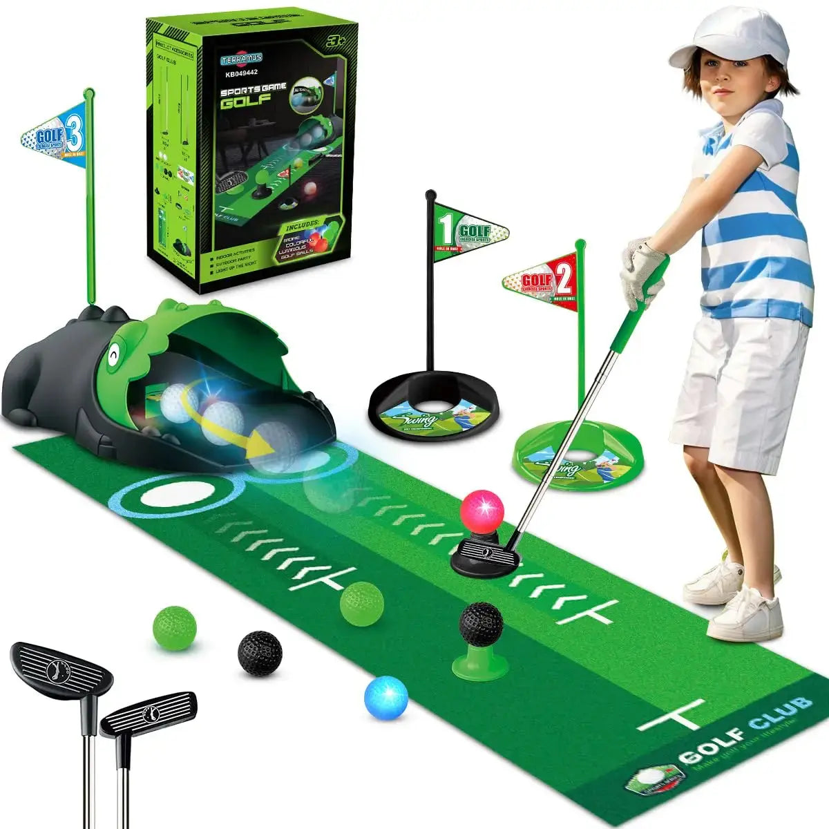 Kids Toy Golf Club Set with LED Automatic Ball Returner, Golf Putting Mat Toddler Mini Golf Game Sports Gift for 3+ Boys Girls Trikidsworld