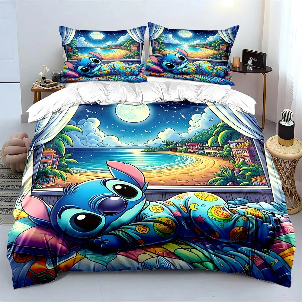 MINISO Disney Stitch Print Bedding Set Children 3 Pieces King Size Bed Set Pillowcase Adult Child Bed Cover Bedroom for Gifts Trikidsworld