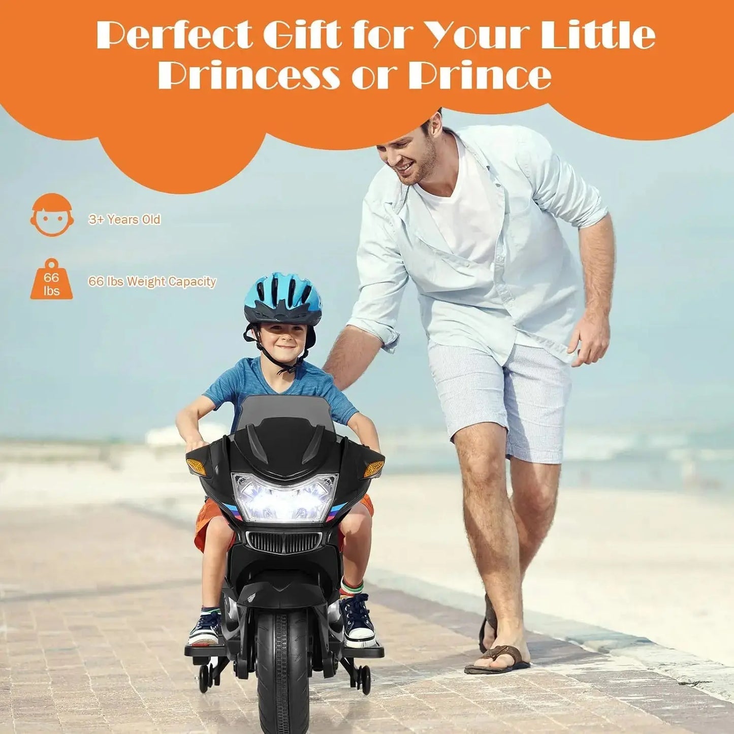 Kids Ride On Motorcycle, 12V Electric Battery Powered Ride On Bike w/Training Wheels, LED Lights, Music, Pedal, Forward/Reverse, Trikidsworld