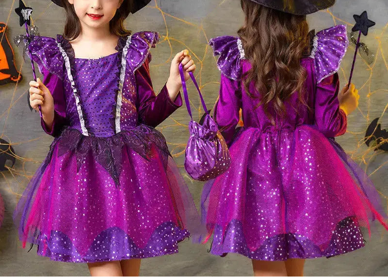 Girls Witch Halloween Cosplay Costume With Hat Magic Wand Candy Bag Kids Children Dress Girl Carnival Party Performance Clothes Trikidsworld