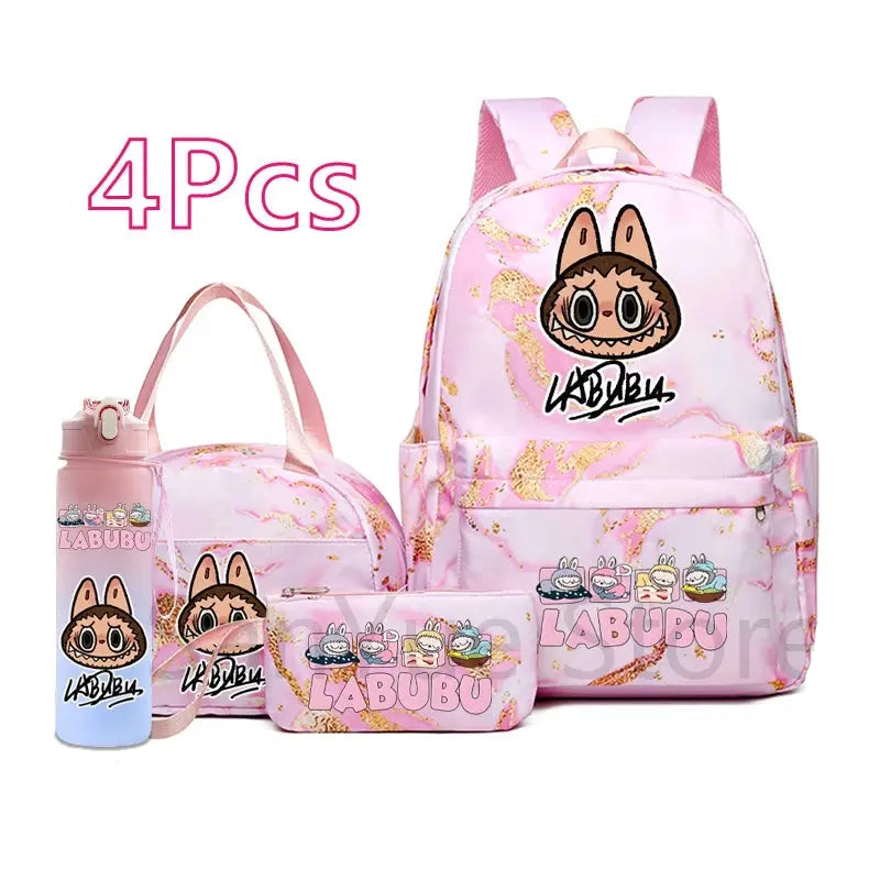 4Pcs/set Cute Cartoon Printed Backpack Lunch Bag Pencil Bag 750Ml Water Bottle Girl Student Large Capacity Waterproof Schoolbag Trikidsworld