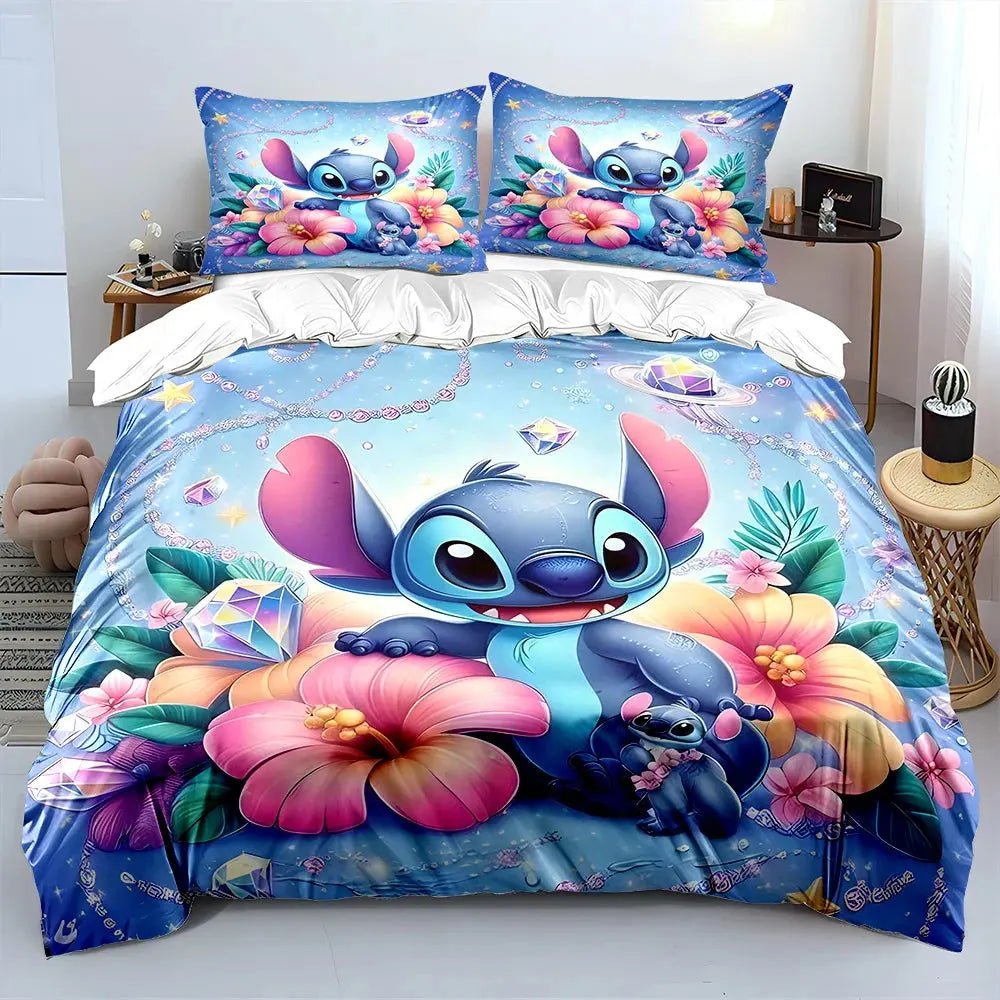 MINISO Disney Stitch Print Bedding Set Children 3 Pieces King Size Bed Set Pillowcase Adult Child Bed Cover Bedroom for Gifts Trikidsworld