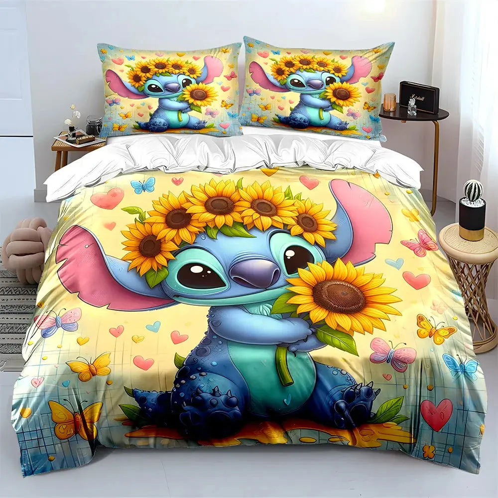 MINISO Disney Stitch Print Bedding Set Children 3 Pieces King Size Bed Set Pillowcase Adult Child Bed Cover Bedroom for Gifts Trikidsworld