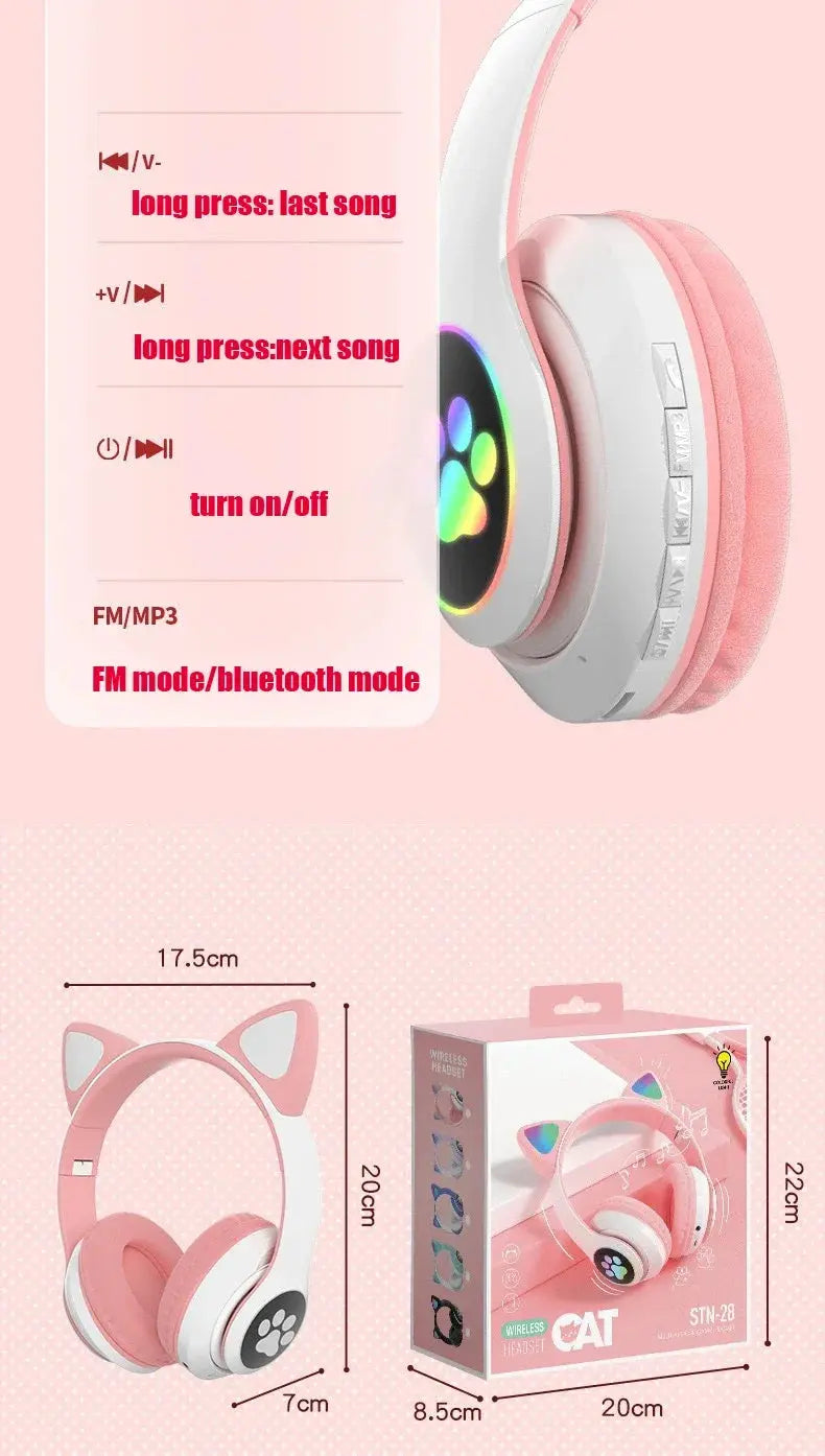 P47M Wireless Headphone Flash Light Cute Cat Bluetooth with Mic Control LED Stereo Music Helmet Phone Bluetooth Headset Gift Trikidsworld