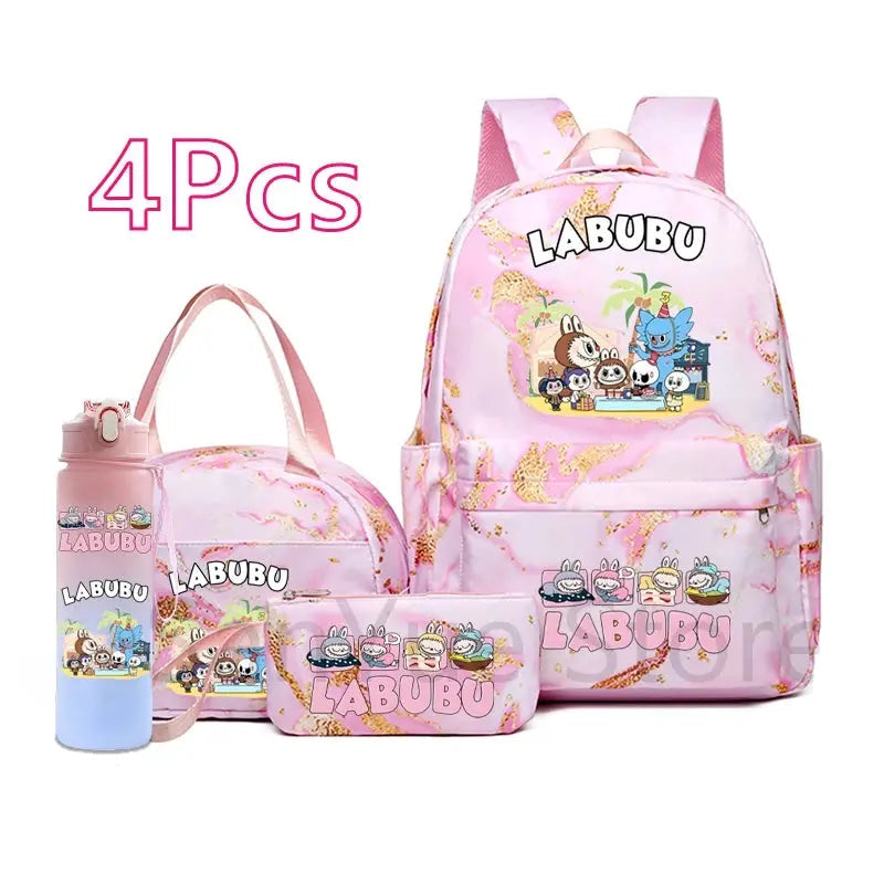 4Pcs/set Cute Cartoon Printed Backpack Lunch Bag Pencil Bag 750Ml Water Bottle Girl Student Large Capacity Waterproof Schoolbag Trikidsworld