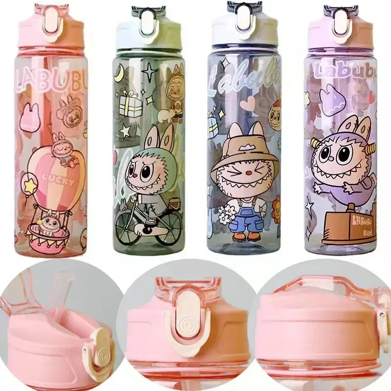 Bestseller Rabu Cartoon Travel Water Bottle with Portable Handle, Printed Transparent Plastic Straw Space Cup Trikidsworld
