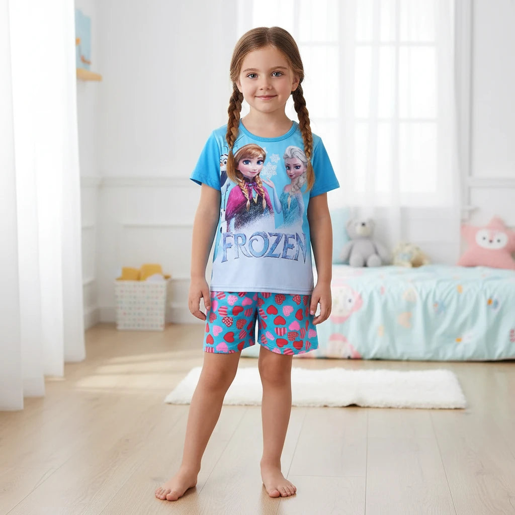 Casual Frozen Snow Queen Children's Summer Short Sleeve Pajamas Cartoon Suit Girls Cotton Kids Pajamas Dress Costumes Trikidsworld
