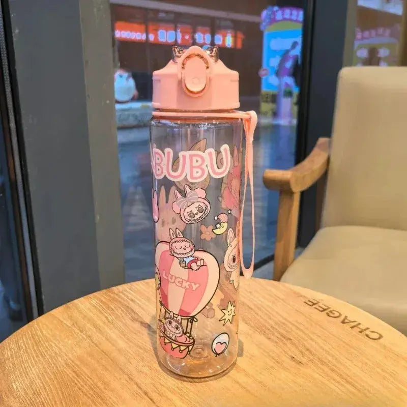 Bestseller Rabu Cartoon Travel Water Bottle with Portable Handle, Printed Transparent Plastic Straw Space Cup Trikidsworld