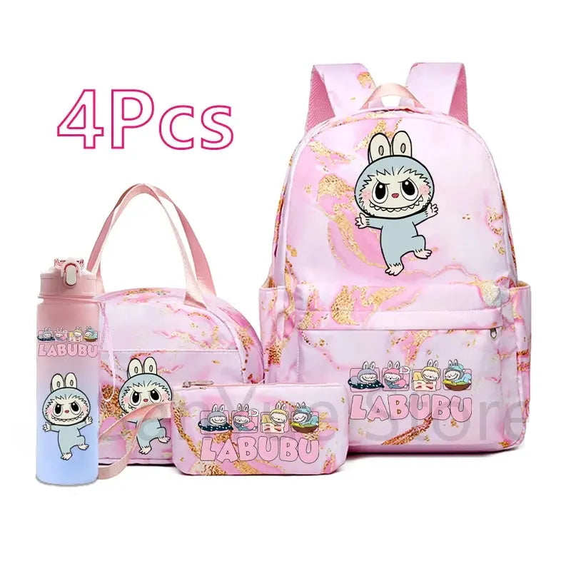 4Pcs/set Cute Cartoon Printed Backpack Lunch Bag Pencil Bag 750Ml Water Bottle Girl Student Large Capacity Waterproof Schoolbag Trikidsworld