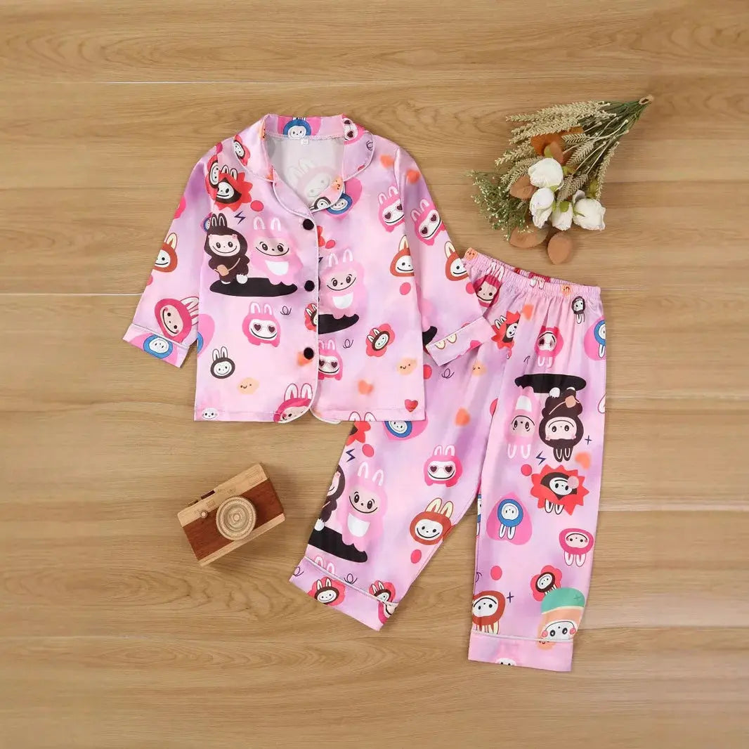 Summer New Korean Style Children's Cute Cartoon Print Home Clothes Short Sleeve Ice Silk Casual Sleepwear Set for Boys And Girls Trikidsworld