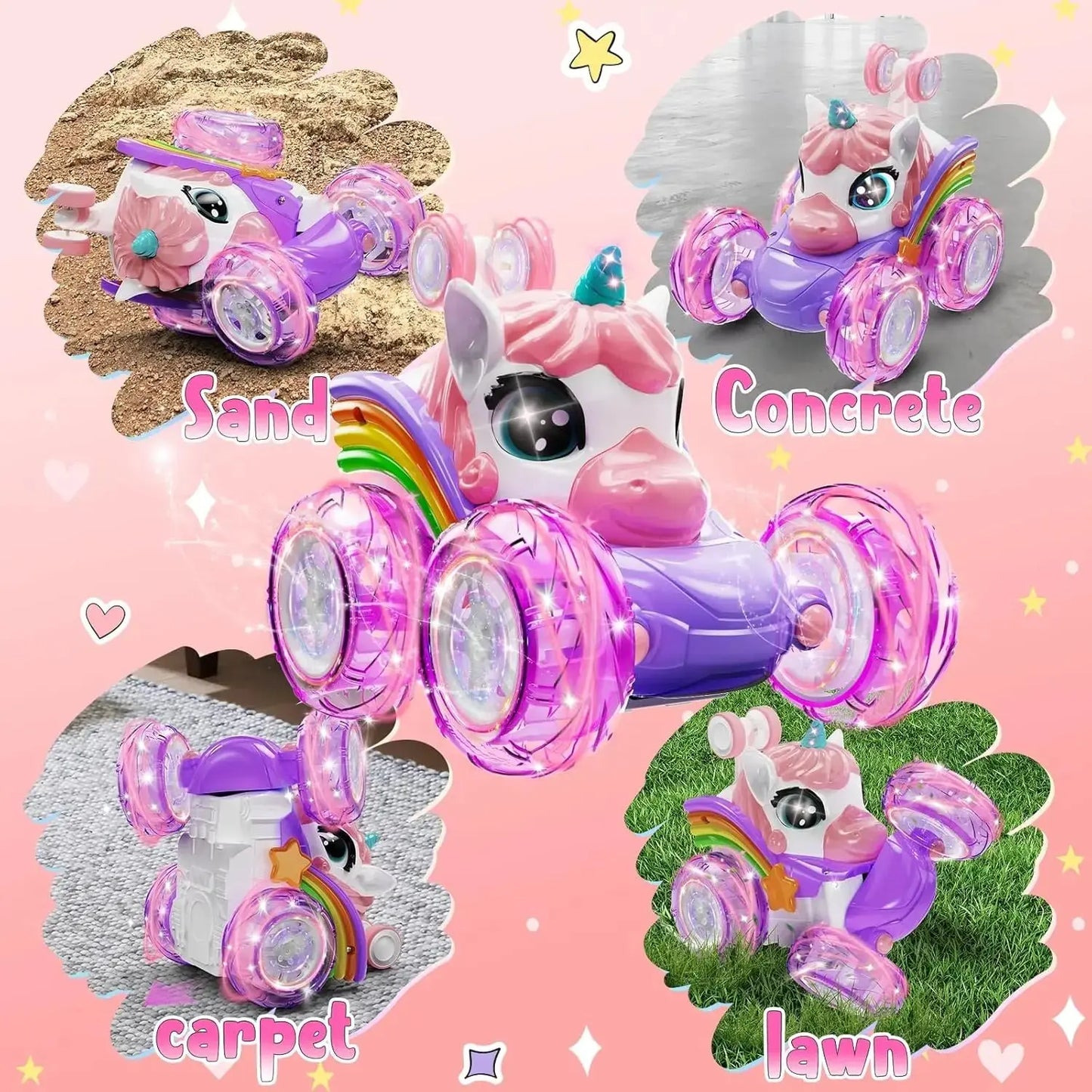 Unicorn Remote Control Car for Girls, 360° Rotating 4WD Stunt RC Cars with Cute Lights, Rechargeable Toys-Kid Birthday Gifts Trikidsworld
