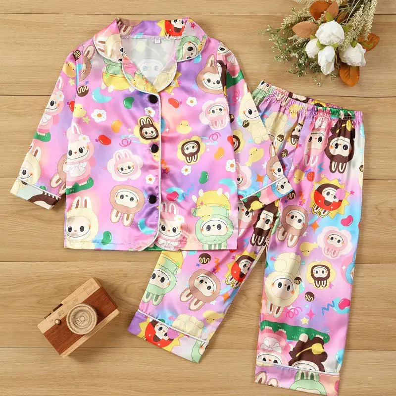 Summer New Korean Style Children's Cute Cartoon Print Home Clothes Short Sleeve Ice Silk Casual Sleepwear Set for Boys And Girls Trikidsworld