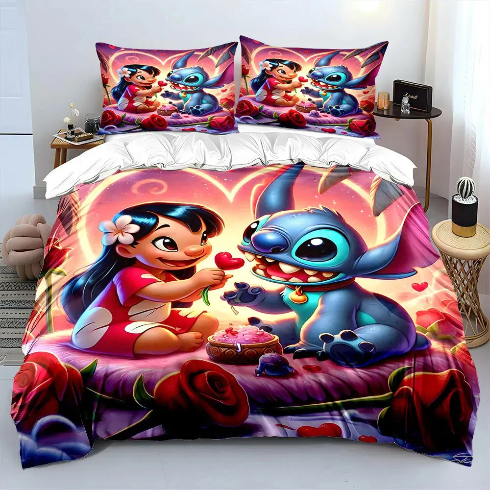 MINISO Disney Stitch Print Bedding Set Children 3 Pieces King Size Bed Set Pillowcase Adult Child Bed Cover Bedroom for Gifts Trikidsworld