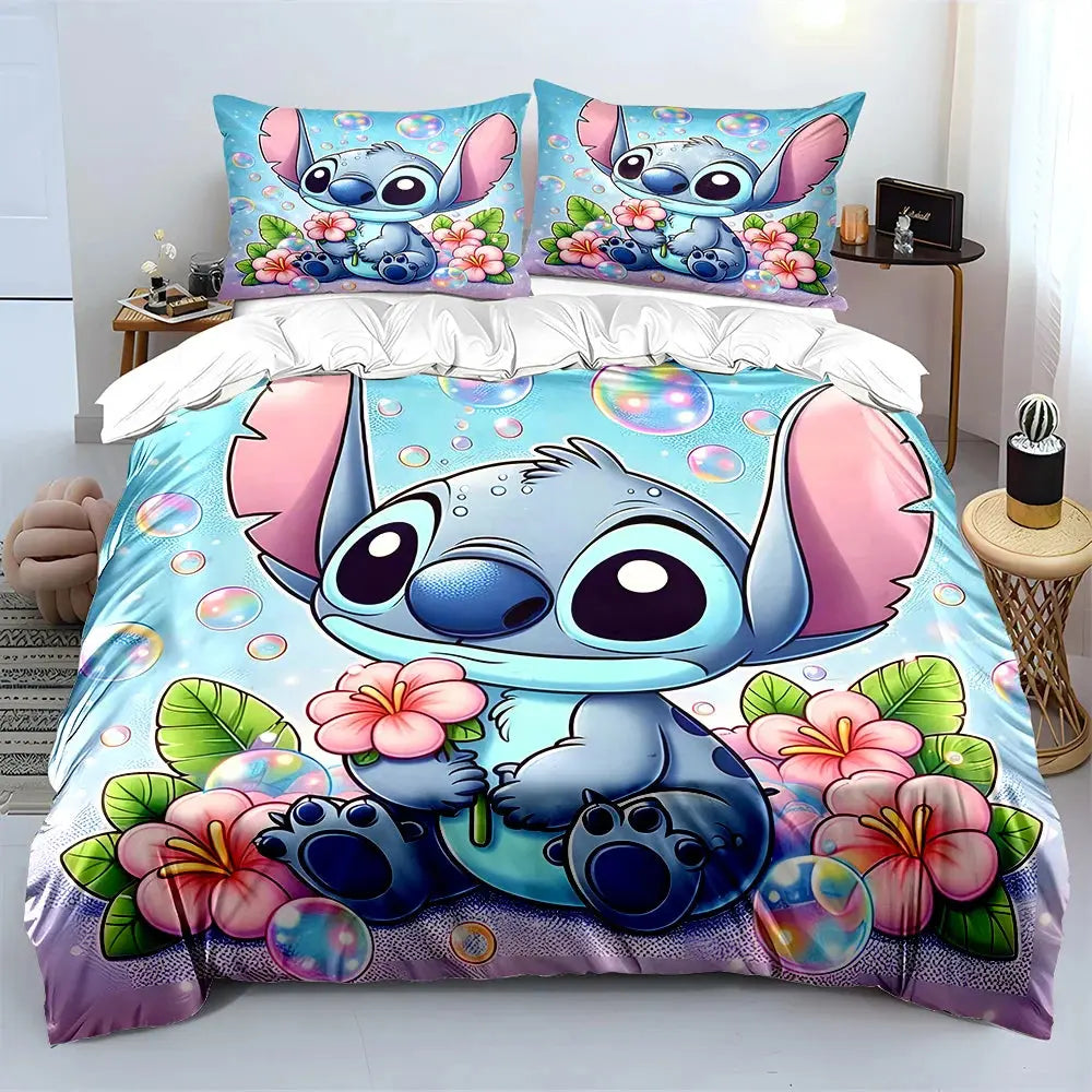 MINISO Disney Stitch Print Bedding Set Children 3 Pieces King Size Bed Set Pillowcase Adult Child Bed Cover Bedroom for Gifts Trikidsworld