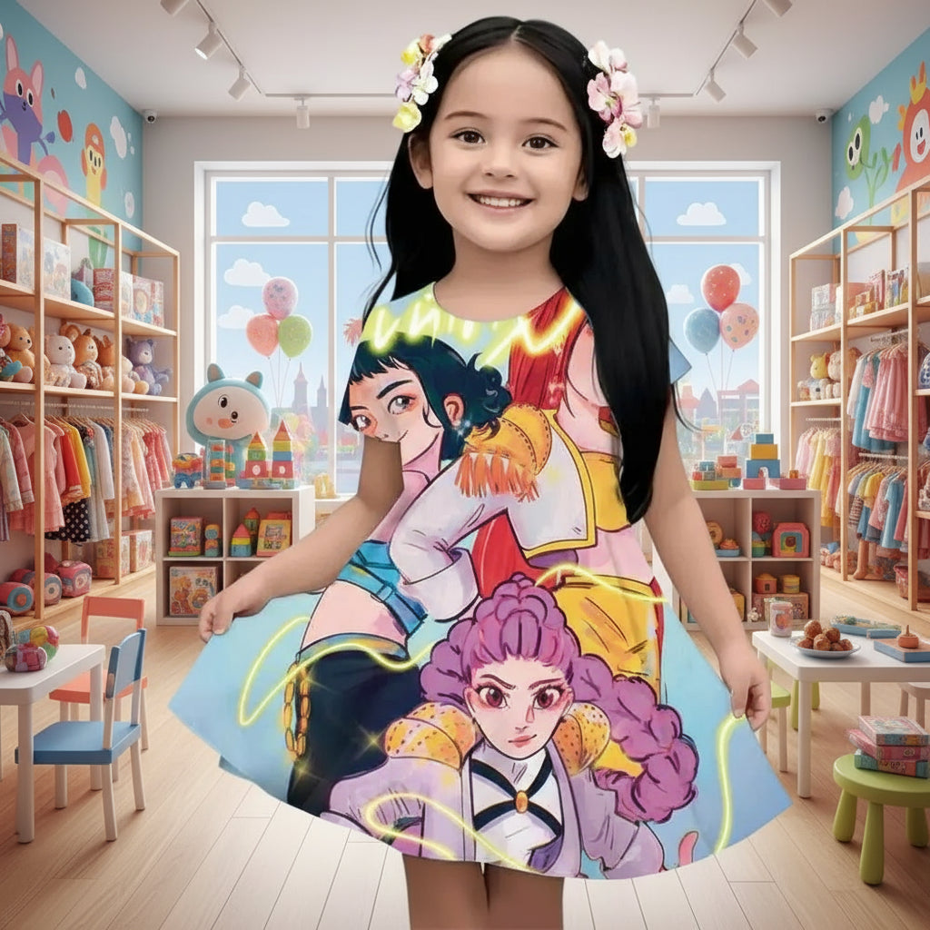 Girl's 3D KPop Devil Hunter Dress New Summer Linen Cute Casual Fashion Bestseller for Children Trikidsworld